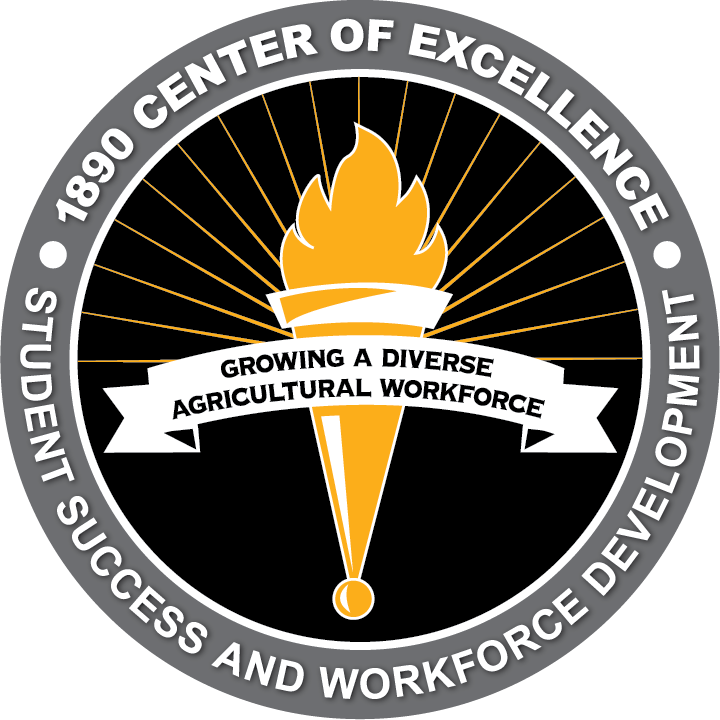 SSWDLogo083022 Logo featuring a torch with rays in the background, surrounded by a circular border. Text includes "1890 Center of Excellence," "Student Success and Workforce Development," and "Growing a Diverse Agricultural Workforce." Colors are orange, black, and…